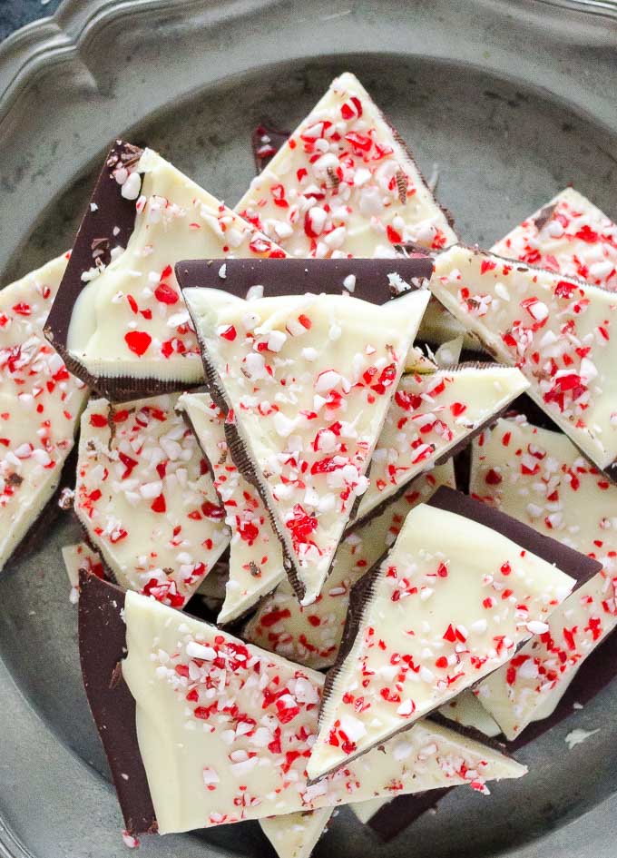 Platter of peppermint bark cut into triangles