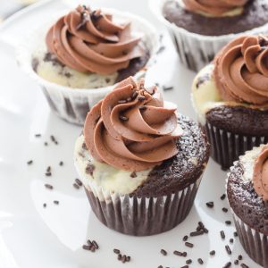 Black bottom cupcakes with salted chocolate buttercream frosting