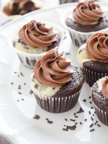 Black bottom cupcakes with salted chocolate buttercream frosting