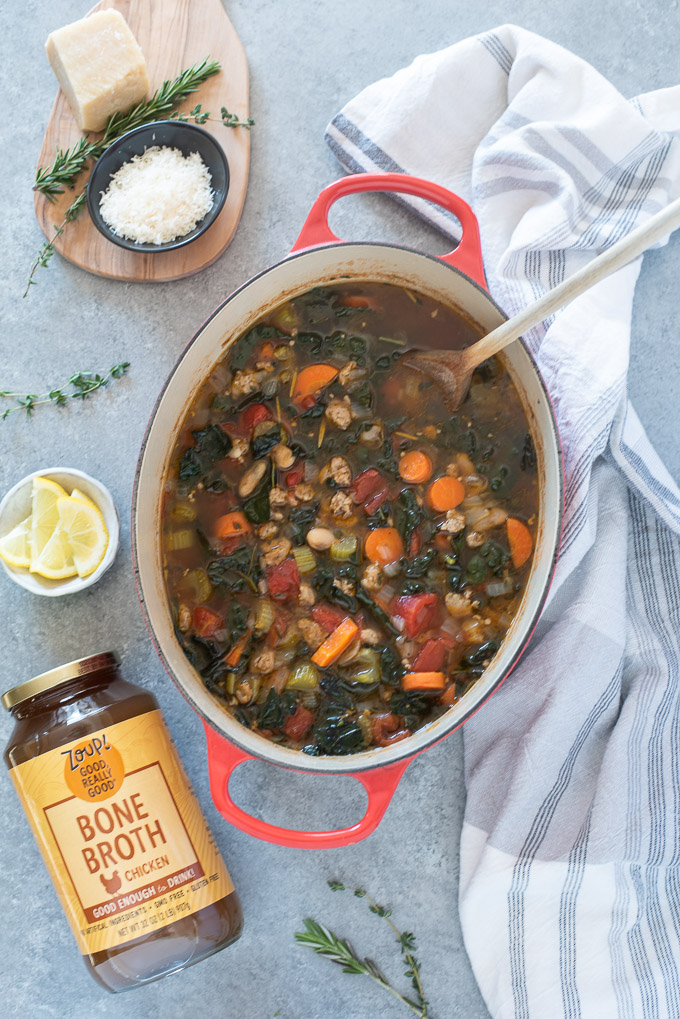 Italian sausage kale soup in a Dutch oven