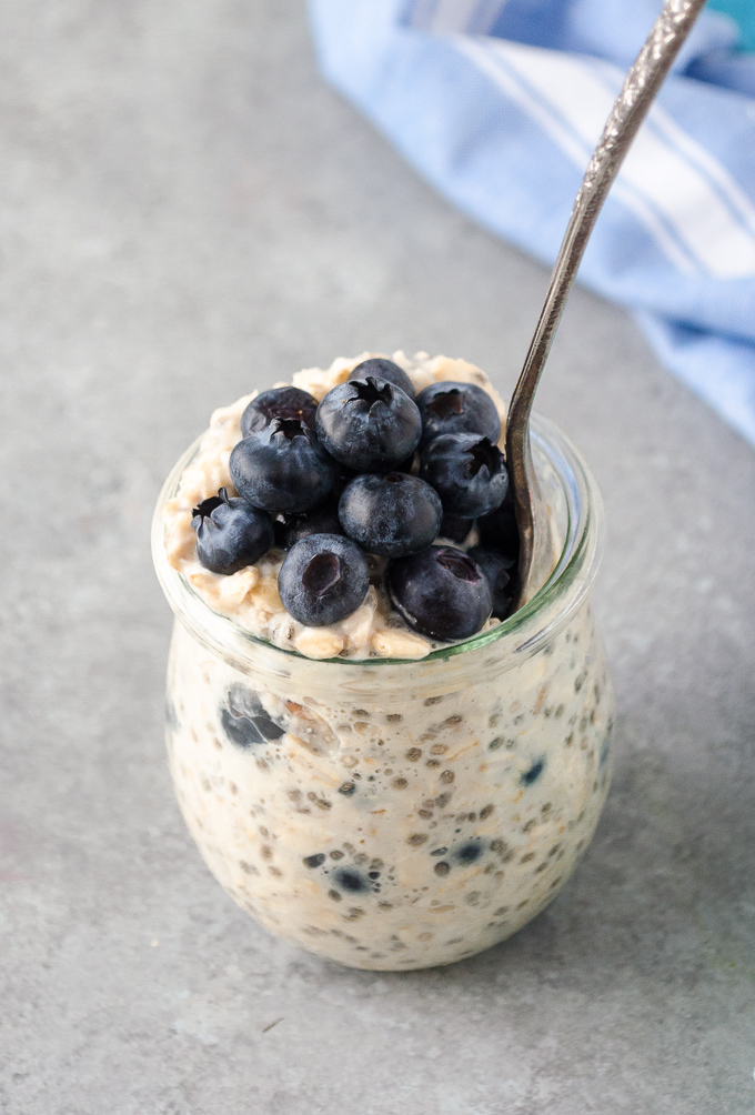 Overnight oats with blueberries on top