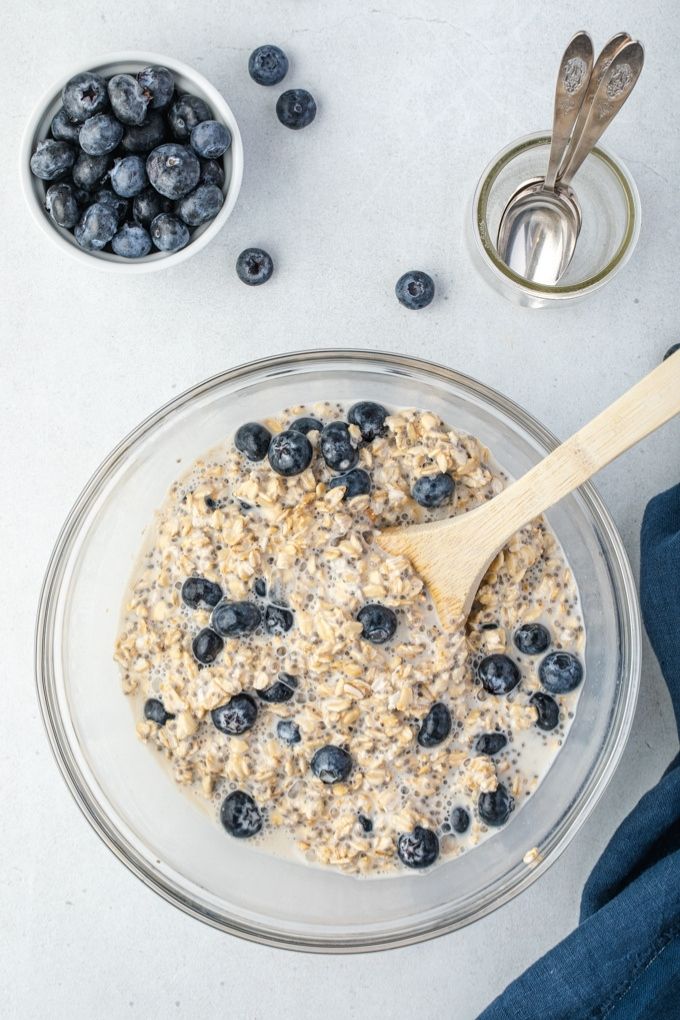 Blueberry overnight oats in a mixing bowl