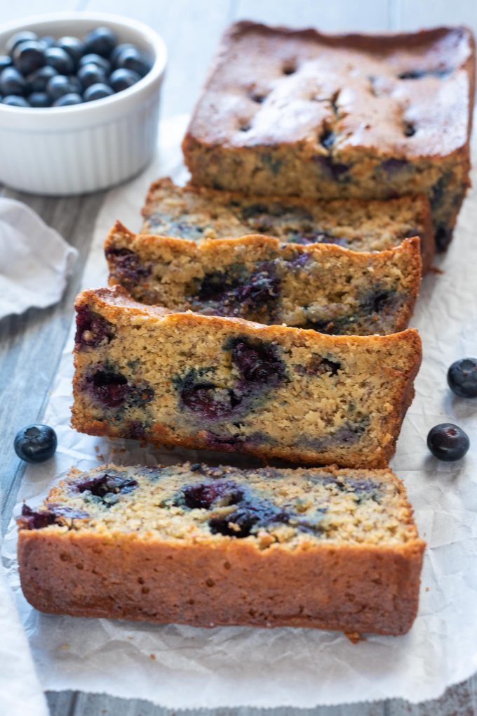 Sliced blueberry banana bread on parchment paper