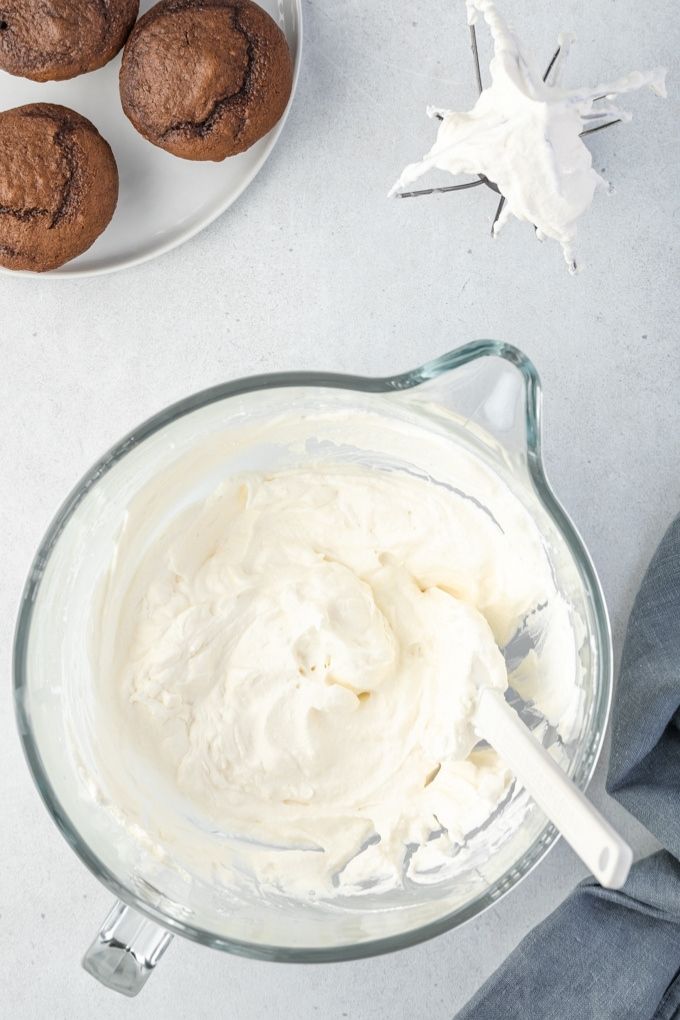 Stabilized whipped cream in a mixing bowl