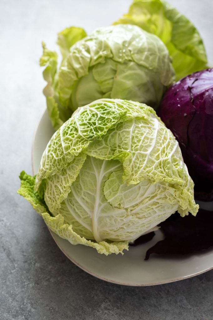 Napa cabbage on a plate with purple and green heads