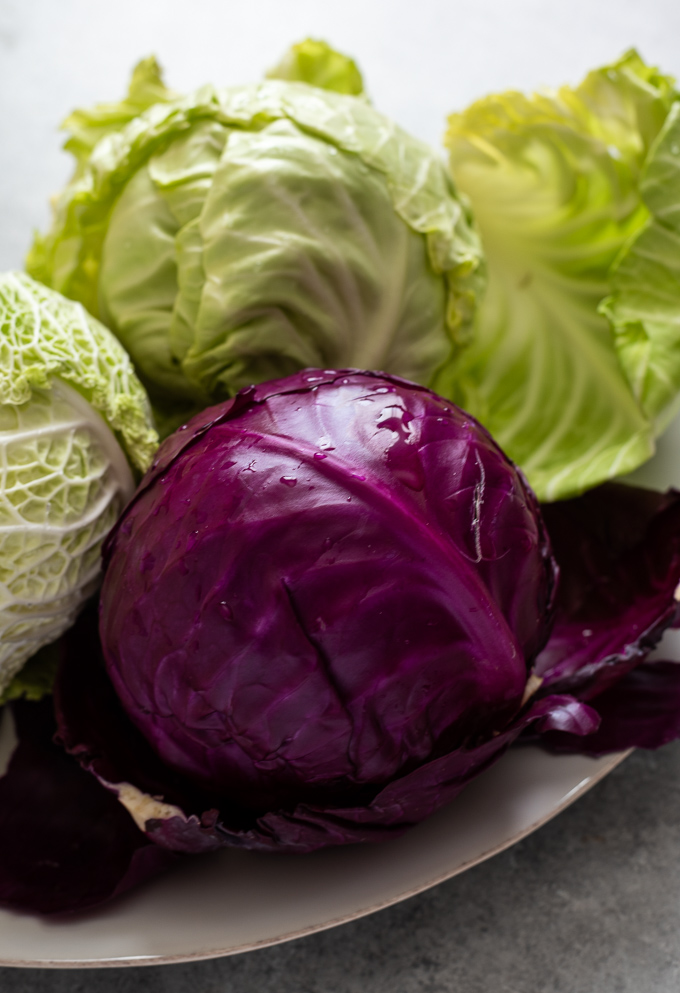 Purple cabbage on a platter with other varieties