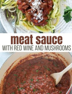 Meat sauce with red wine and mushrooms long collage pin
