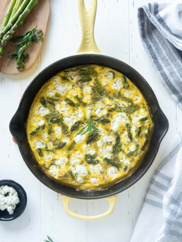 Asparagus frittata in a cast iron skillet