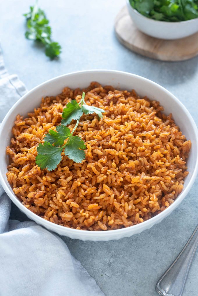 Easy Mexican rice in white serving bowl