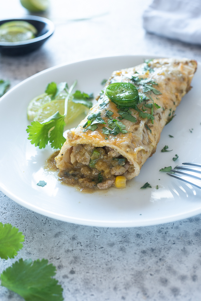 Ground turkey enchilada with green sauce on a plate