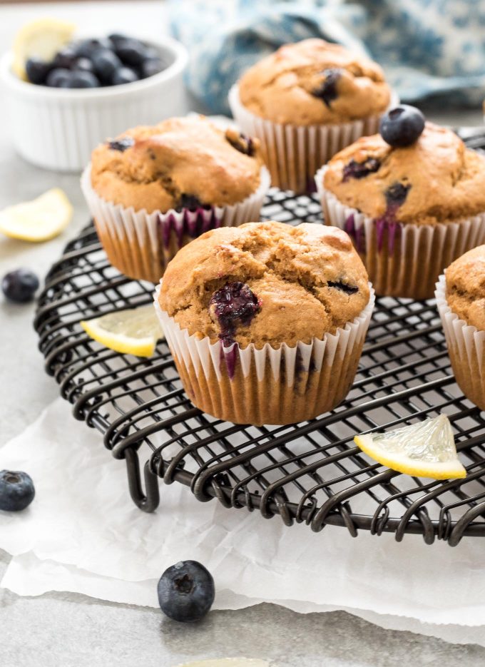 Lemon blueberry muffins on a wire rack