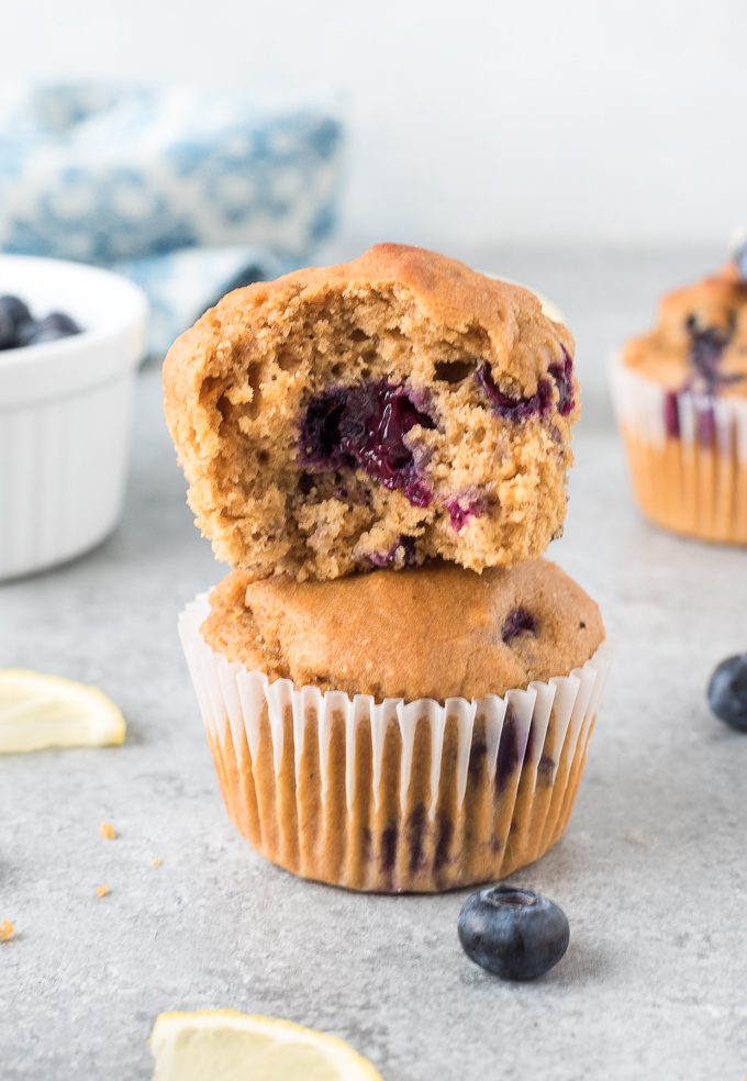 Stack of two lemon blueberry muffins