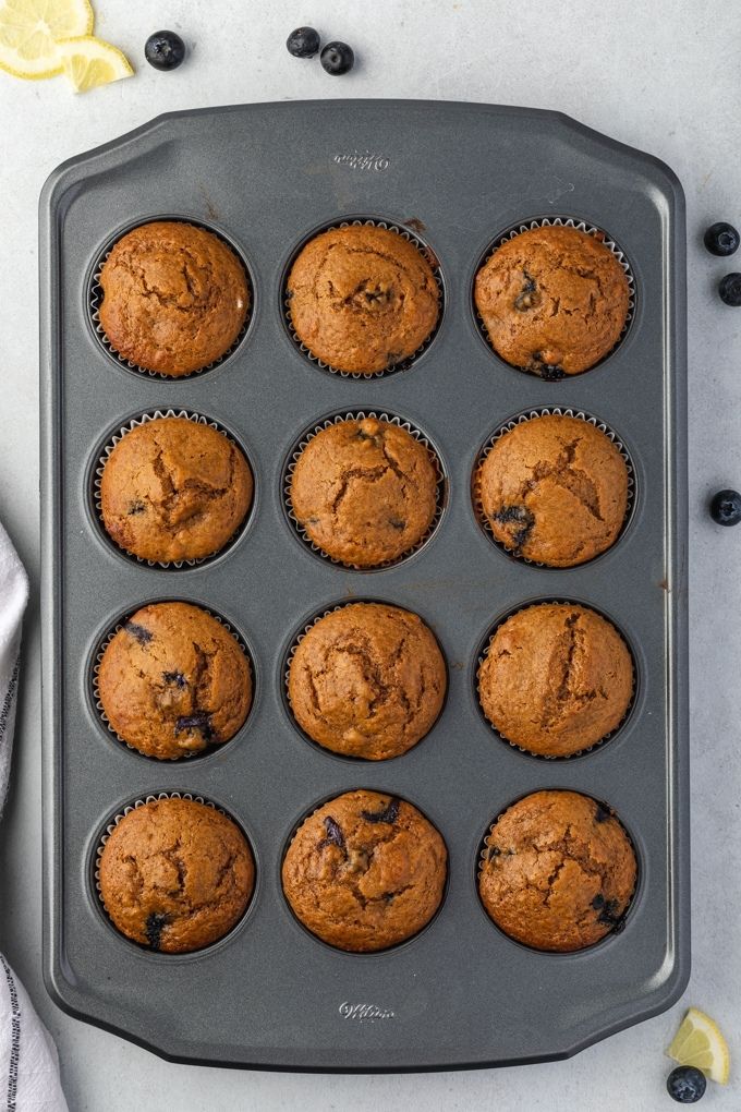 Lemon blueberry muffins in baking pan