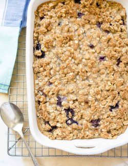 Blueberry baked oatmeal in baking dish