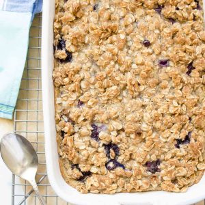 Blueberry baked oatmeal in baking dish