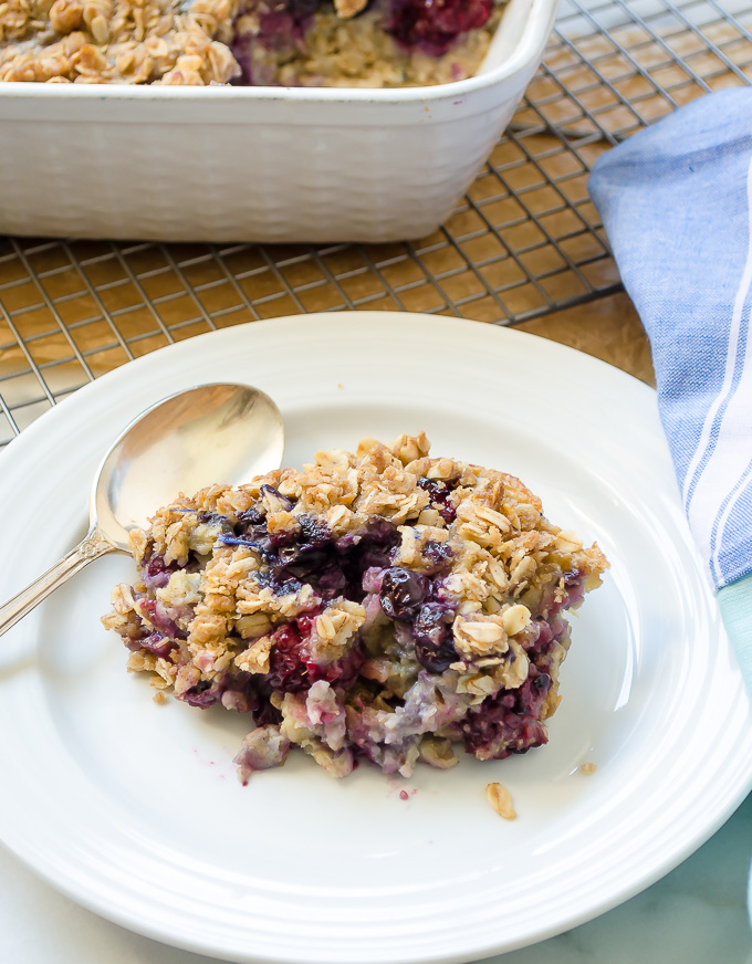 Serving of blueberry baked oats on a plate