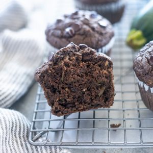 Double chocolate zucchini muffins cut in half.