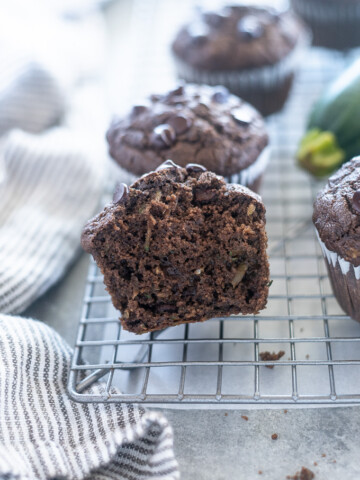 Double chocolate zucchini muffins cut in half.