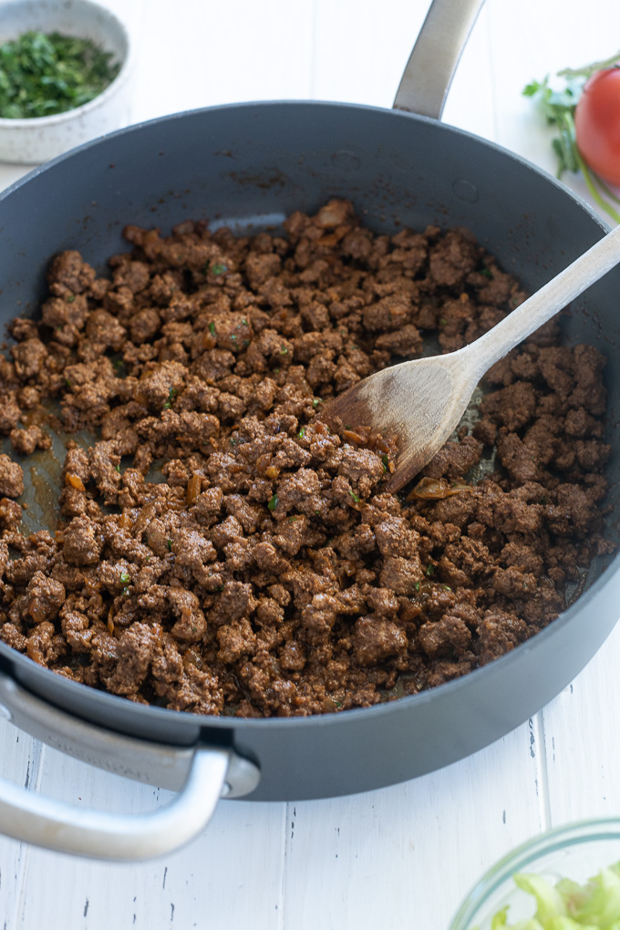 Ground beef taco filling in a large pan
