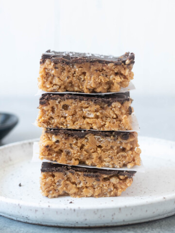 Stack of peanut butter rice krispie treats on a plate