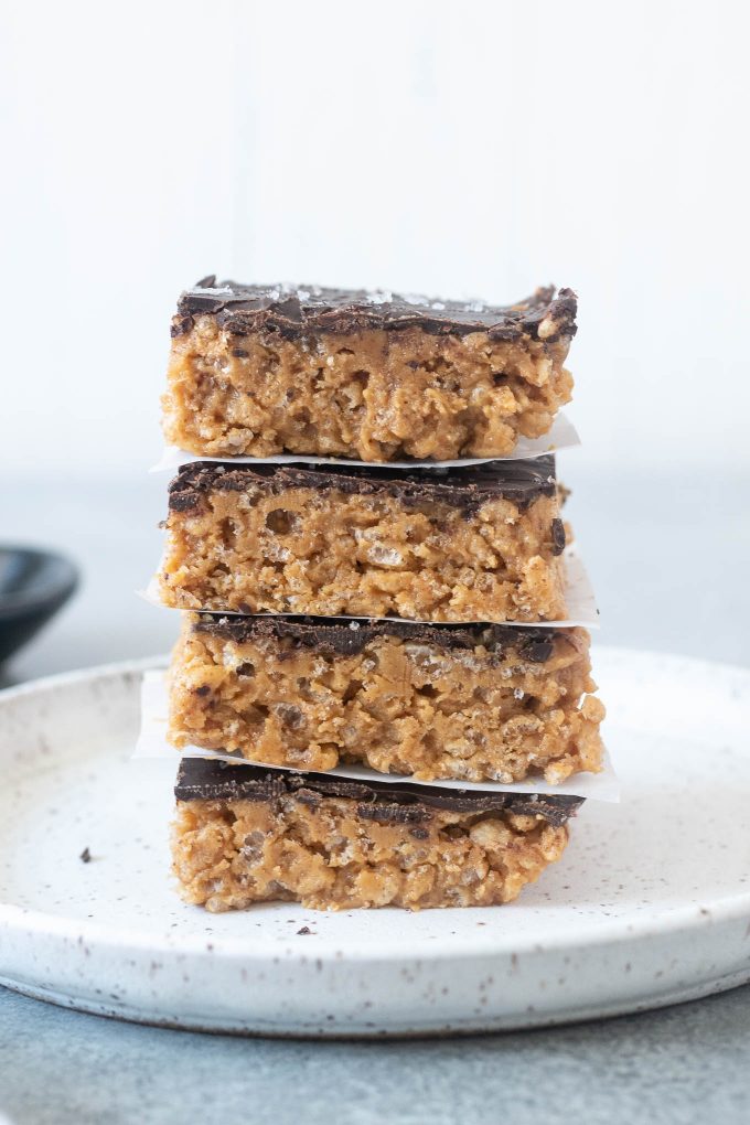 Stack of peanut butter rice krispie treats on a plate