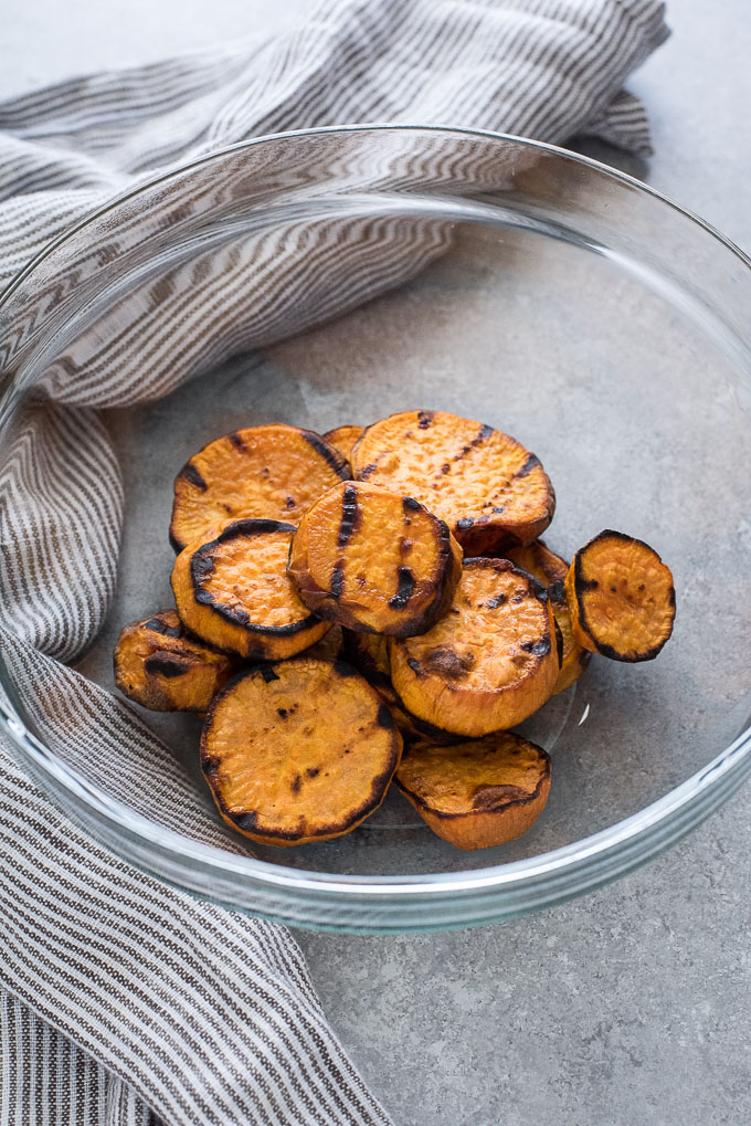 Grilled sweet potatoes in a glass bowl
