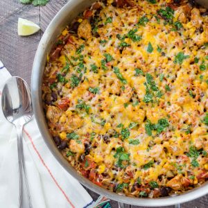 Mexican rice casserole in a skillet