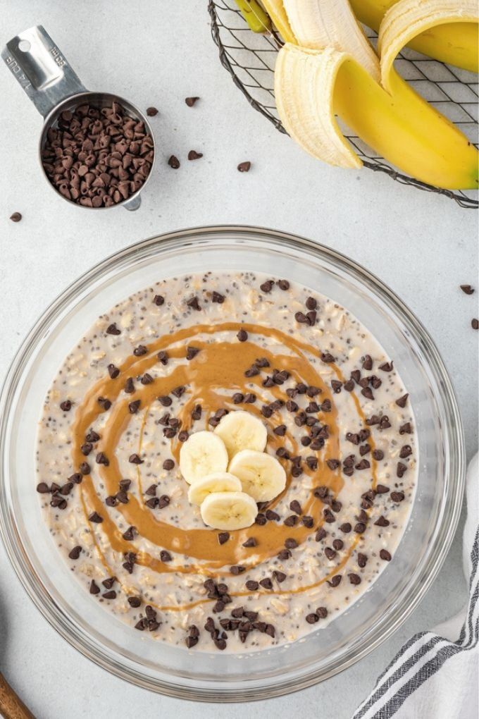 Peanut butter banana overnight oats in a mixing bowl