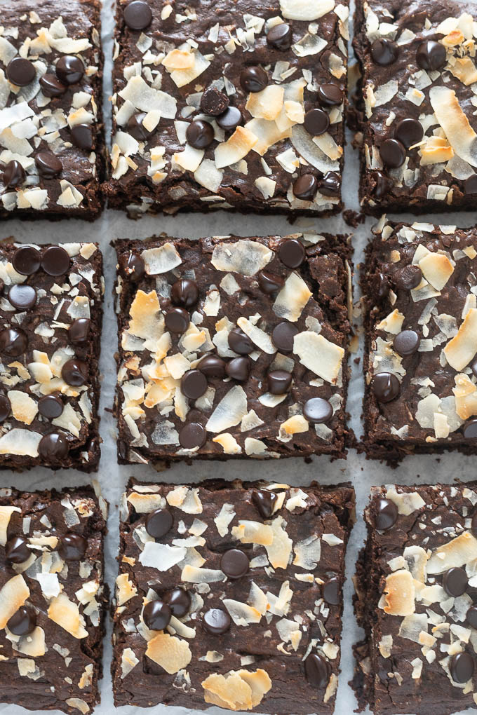 Dairy-free coconut brownies cut into squares