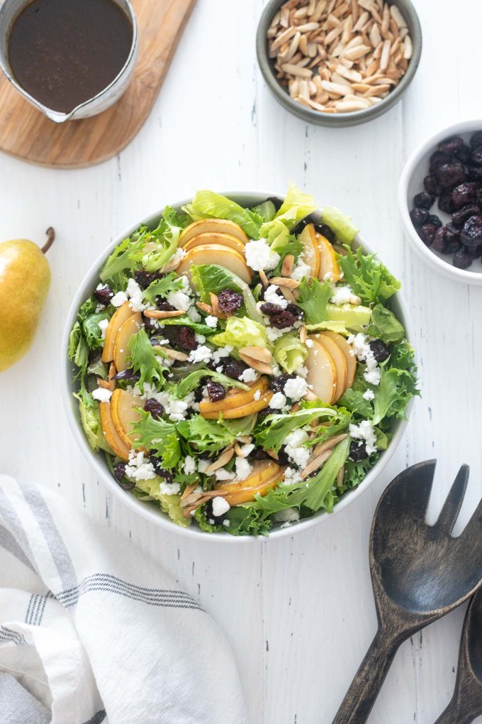Pear Salad with feta and cranberries