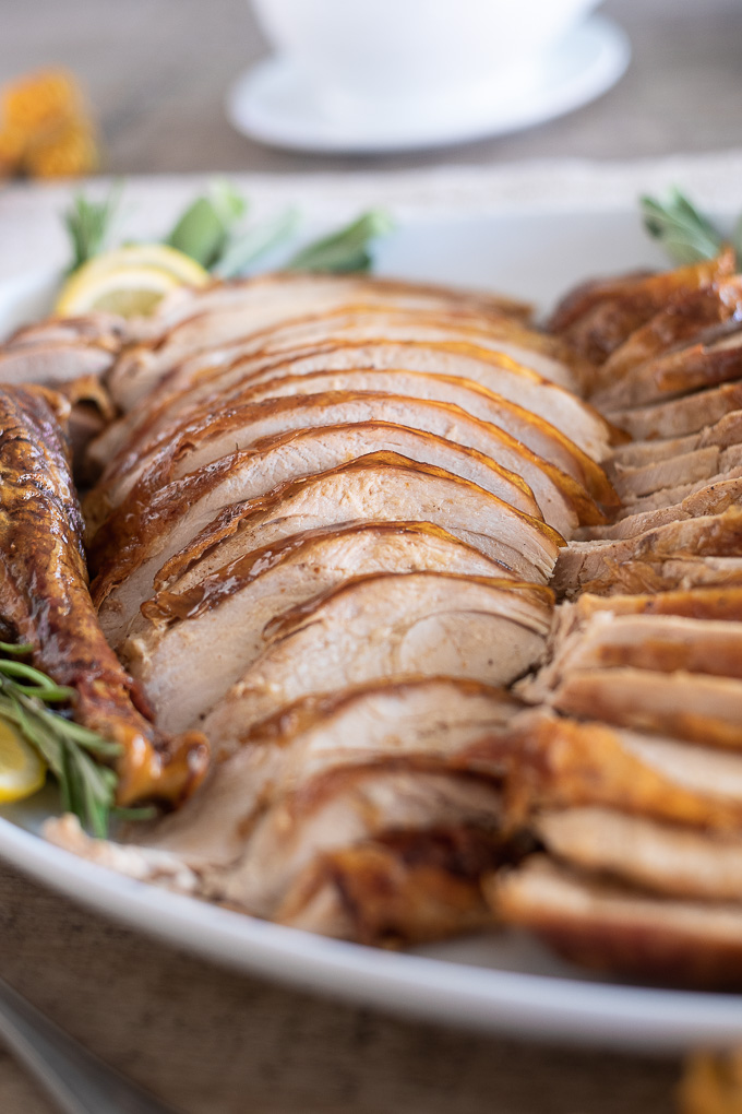 Roast turkey recipe sliced on a platter