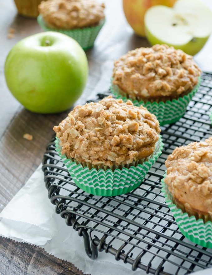 Apple oatmeal muffins with apple behind