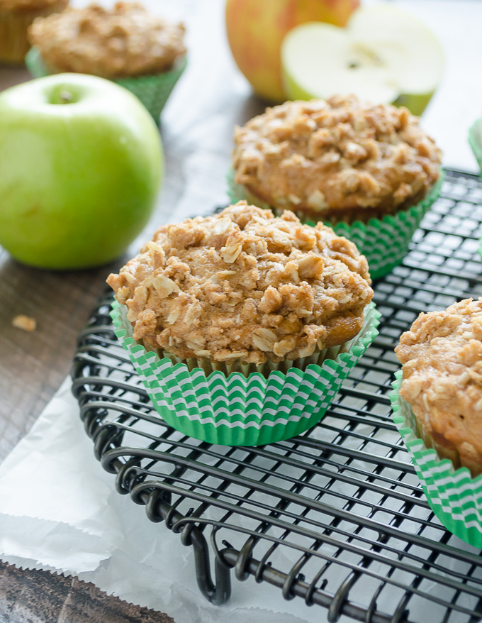 Apple crumble muffins on a wire rack