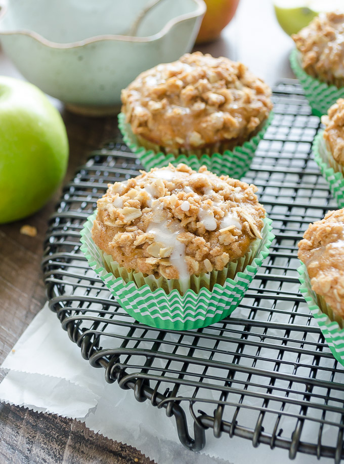 Apple crumble muffin drizzled with glaze