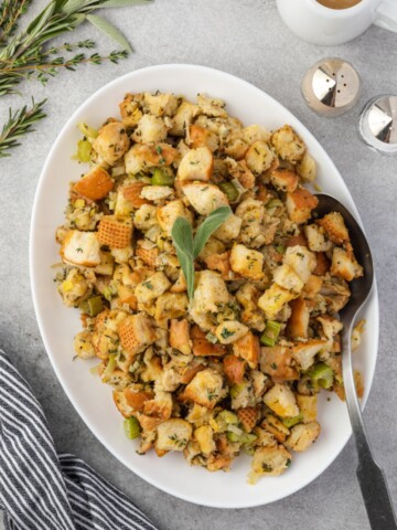 Crock pot stuffing on a white serving platter