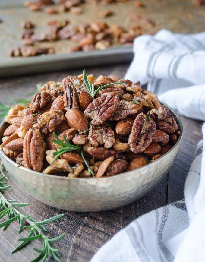 Roasted almonds, walnuts and pecans in a bowl