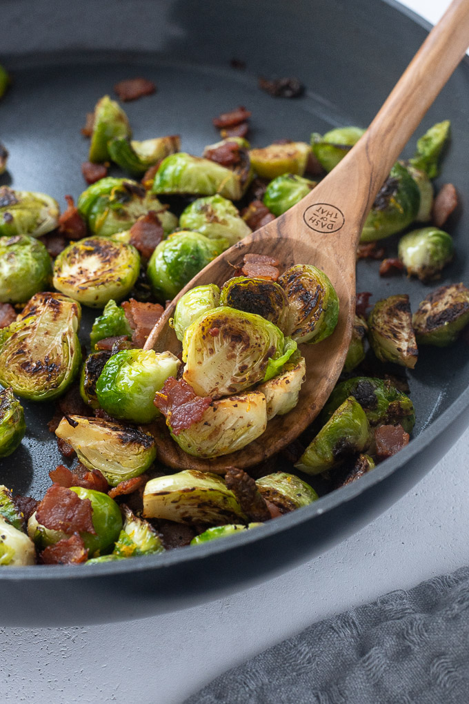 Brussels sprouts with bacon in a skillet