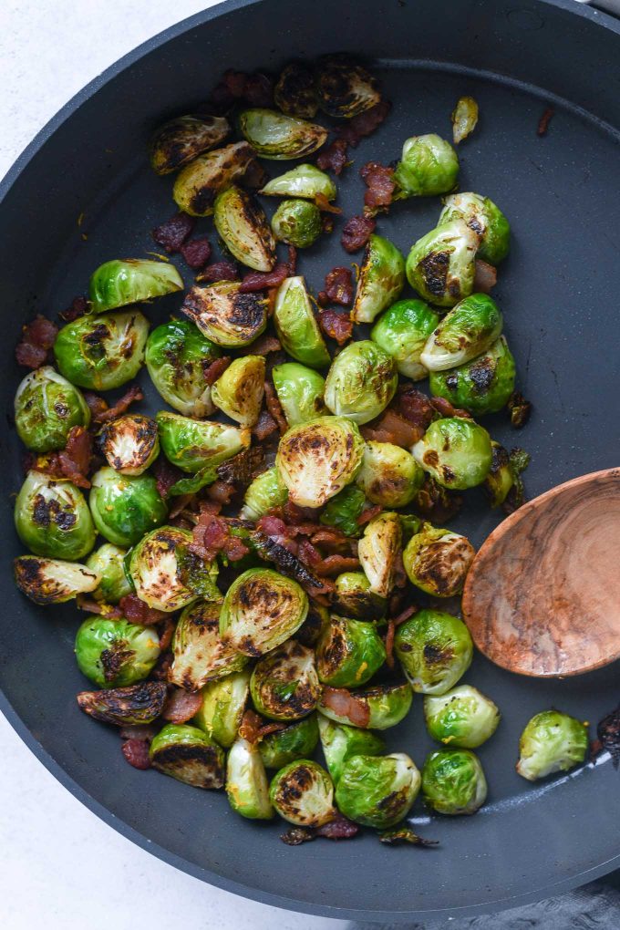 Brussels sprouts and bacon in a pan