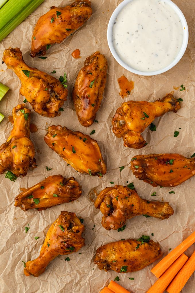 Instant pot buffalo chicken wings on parchment