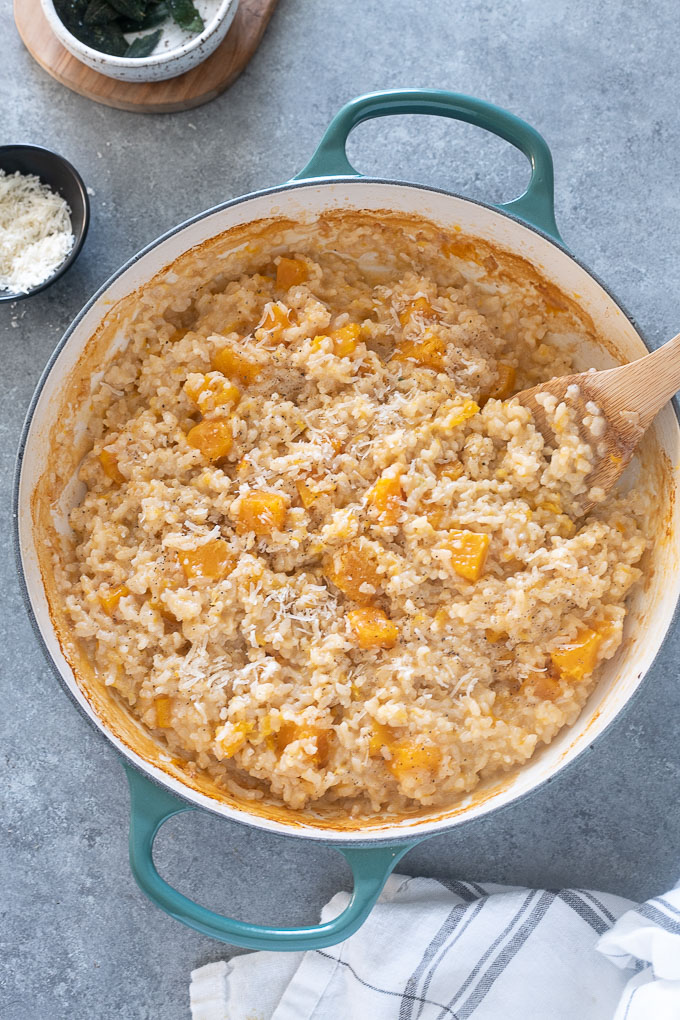 Pot of baked risotto with butternut squash