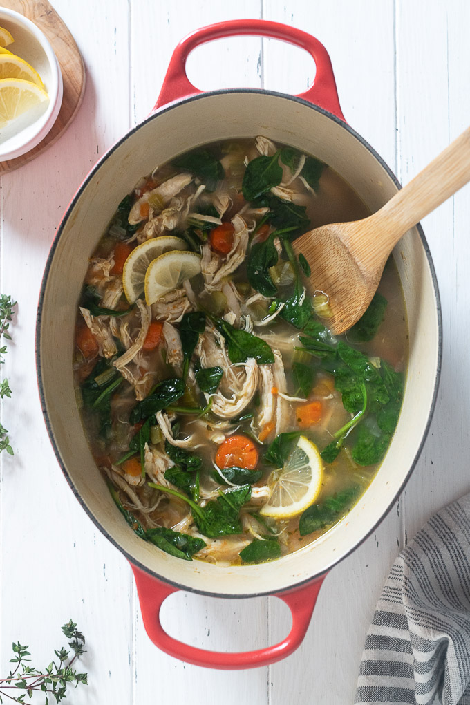 Healthy chicken vegetable soup in dutch oven