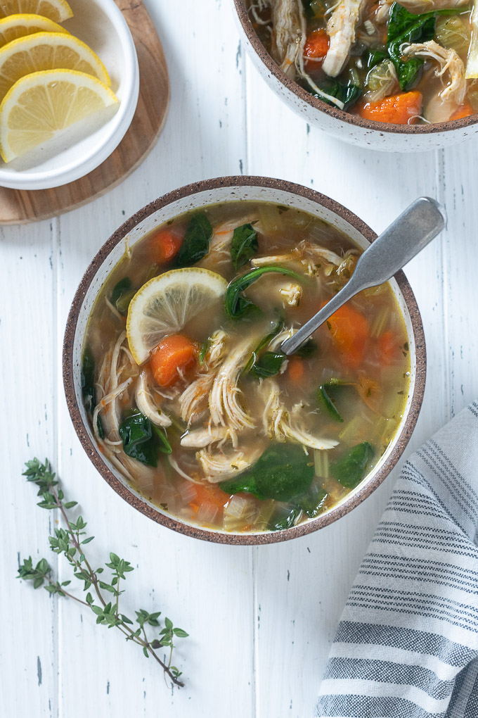 Chicken and vegetable soup in a bowl