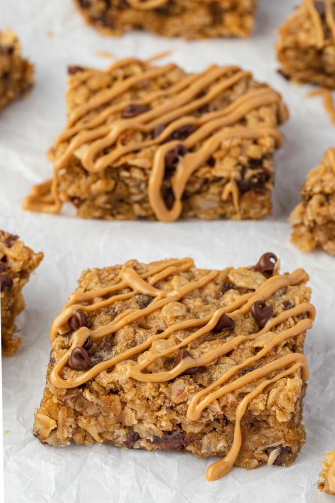 Banana peanut butter oat bars with peanut butter drizzle