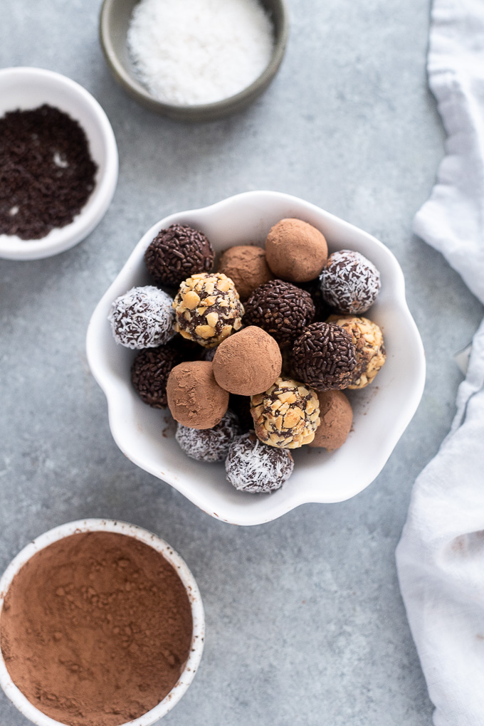Dark chocolate truffles in a white bowl