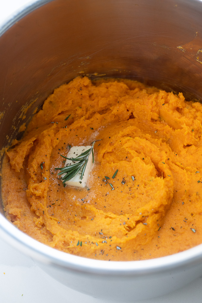 Instant pot mashed sweet potatoes with butter and rosemary