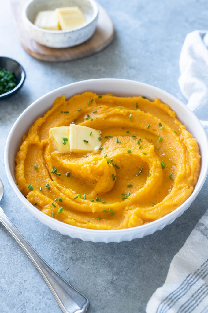 Mashed butternut squash in a bowl