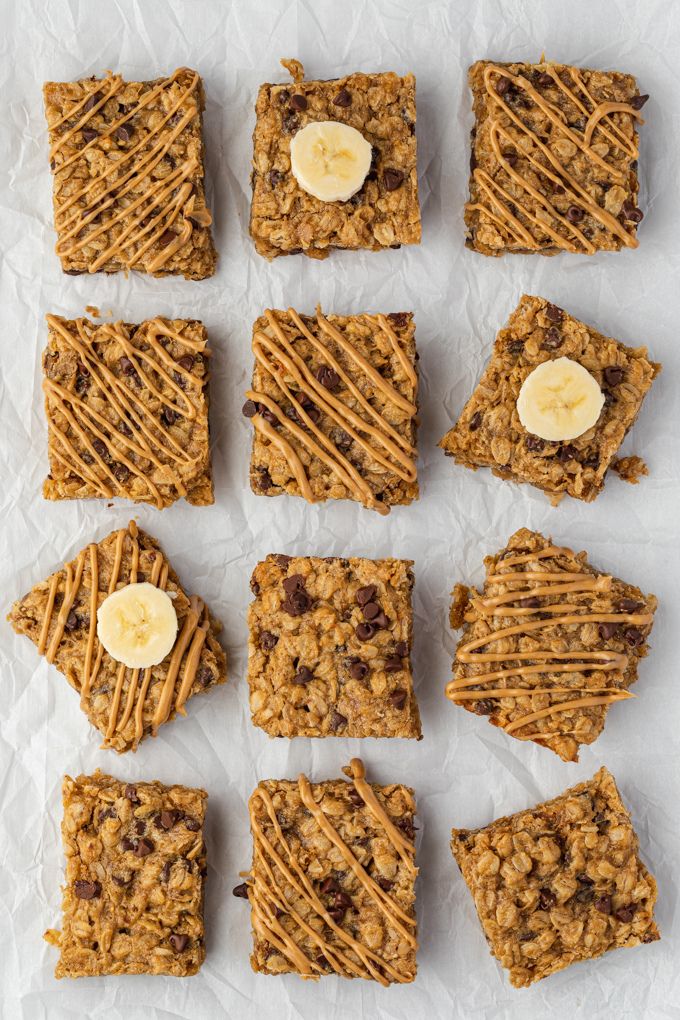 Banana peanut butter oatmeal bars with peanut butter and banana on top