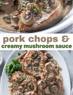 Pork chops and creamy mushroom sauce long collage pin