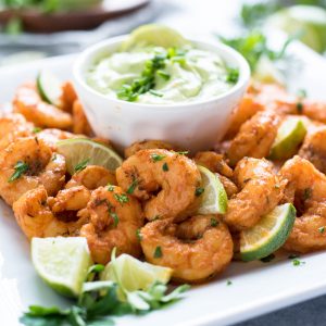 Blackened shrimp appetizer with avocado ranch dressing