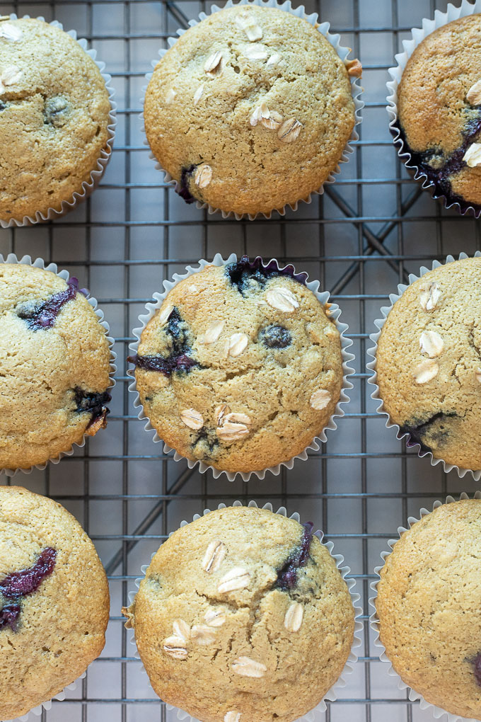 Blueberry Oat Muffins on a wire rack